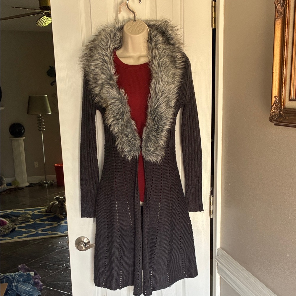 Belldini Charcoal Cardigan with Faux Fur Trim